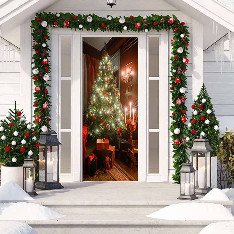 

Xmas Door Sticker Walls Art Christmas Tree Gift Box PVC Mural Removable Create Room Festival Atmosphere for Home Decorations