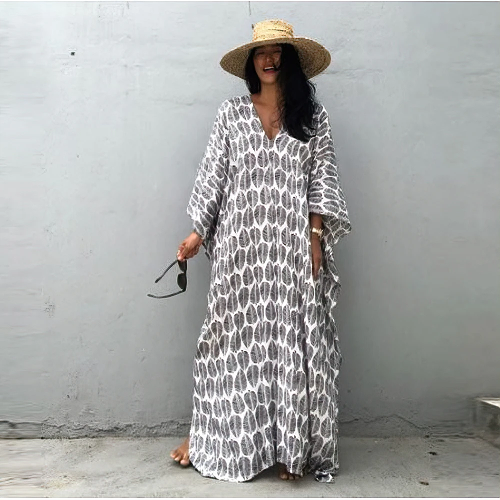 

Boho Black Leaf Print Beach Outing Long Dresses Women Swimsuit Cover Up Beach Wear Kimono Tunics Beach Dress Kaftan Sarong