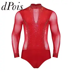Mens Acrobatics Gymnastics Jumpsuit Tango Rumba Chacha Latin Dance Bodysuit Shirt Tops Male Long Sleeve Figure Skating Leotard