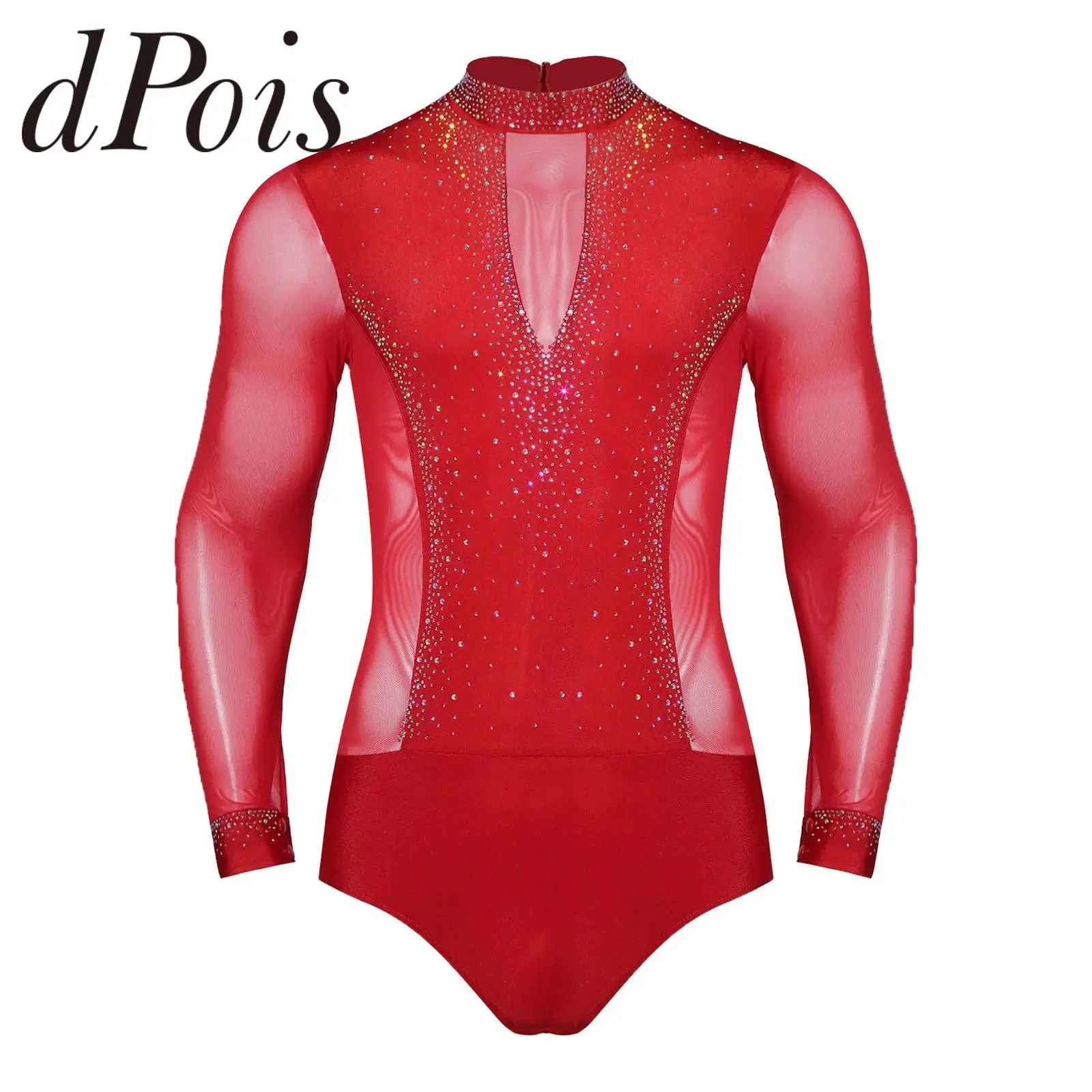 Mens Acrobatics Gymnastics Jumpsuit Tango Rumba Chacha Latin Dance Bodysuit Shirt Tops Male Long Sleeve Figure Skating Leotard