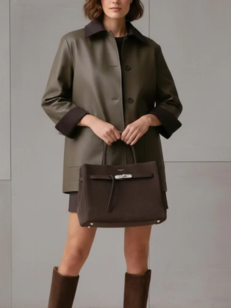 جاكيت جلدي أنيق بياقة للنساء، سترة كاجوال بأكمام كاملة وأزرار أمامية، فضفاضة مع جيوب، ملابس خارجية عصرية للسيدات 2026