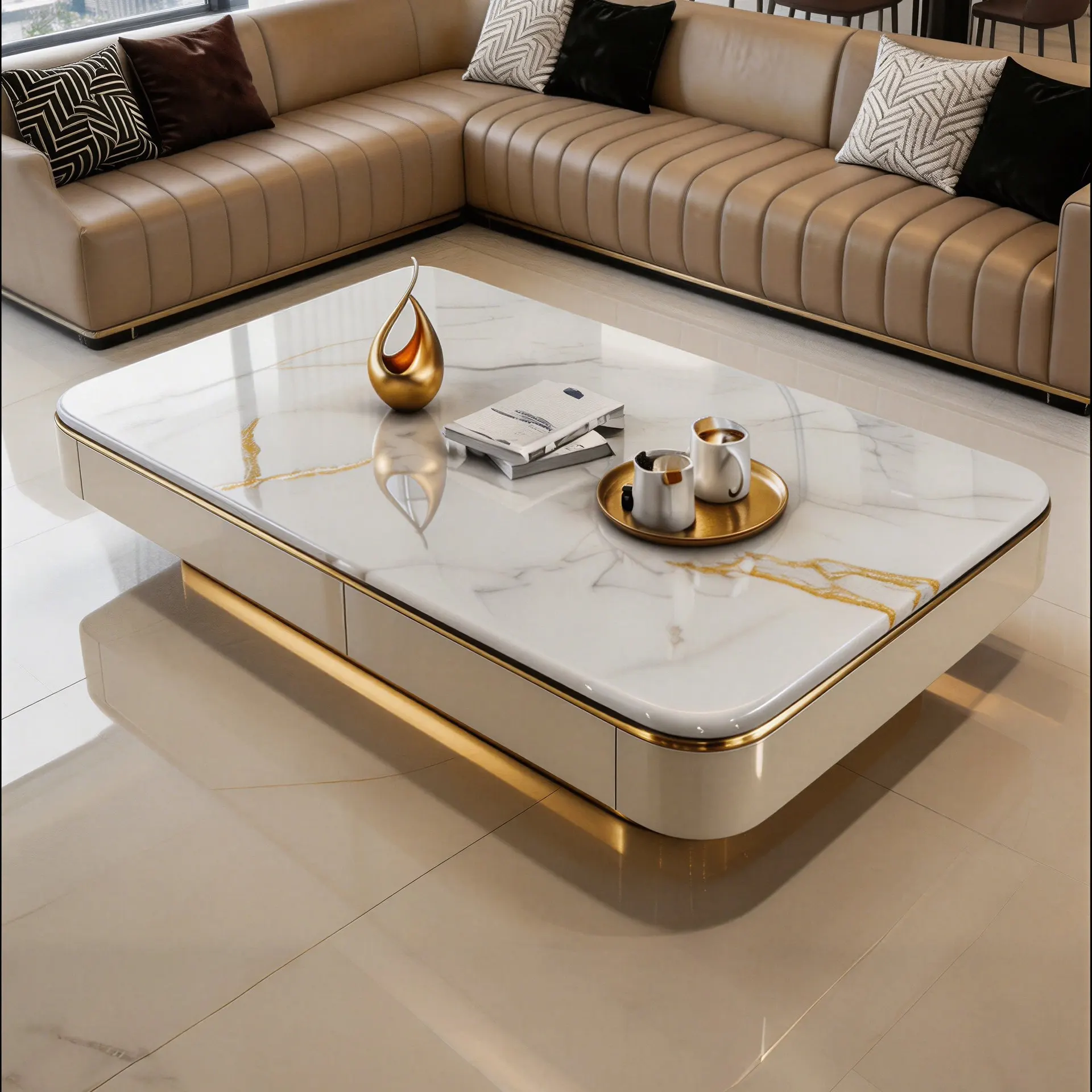 YJQ light luxury microcrystalline stone coffee table high-grade rectangular living room household marble tea table with storage