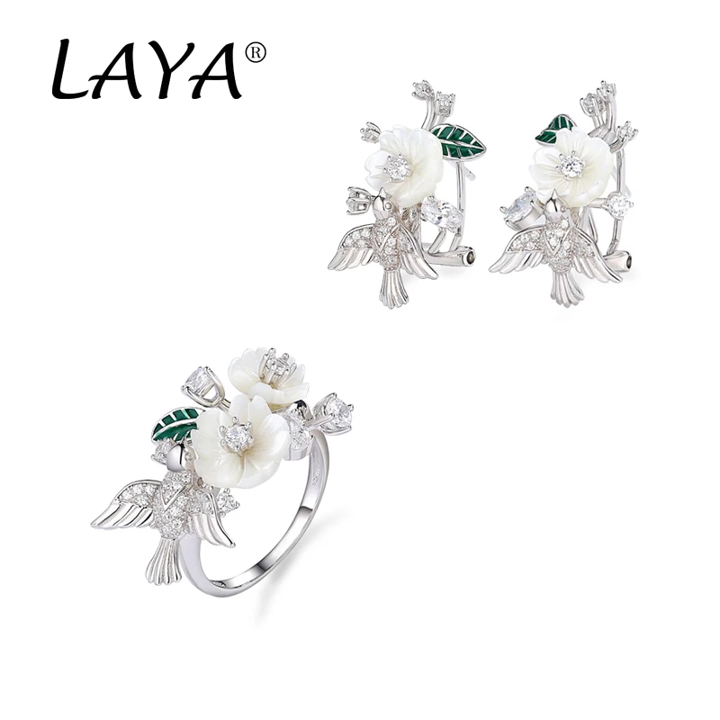 

LAYA 925 Sterling Silver Shining Zircon Shell Flower Leaf Enamel Ring Earrings Sets For Women Wedding Original Modern Jewelry