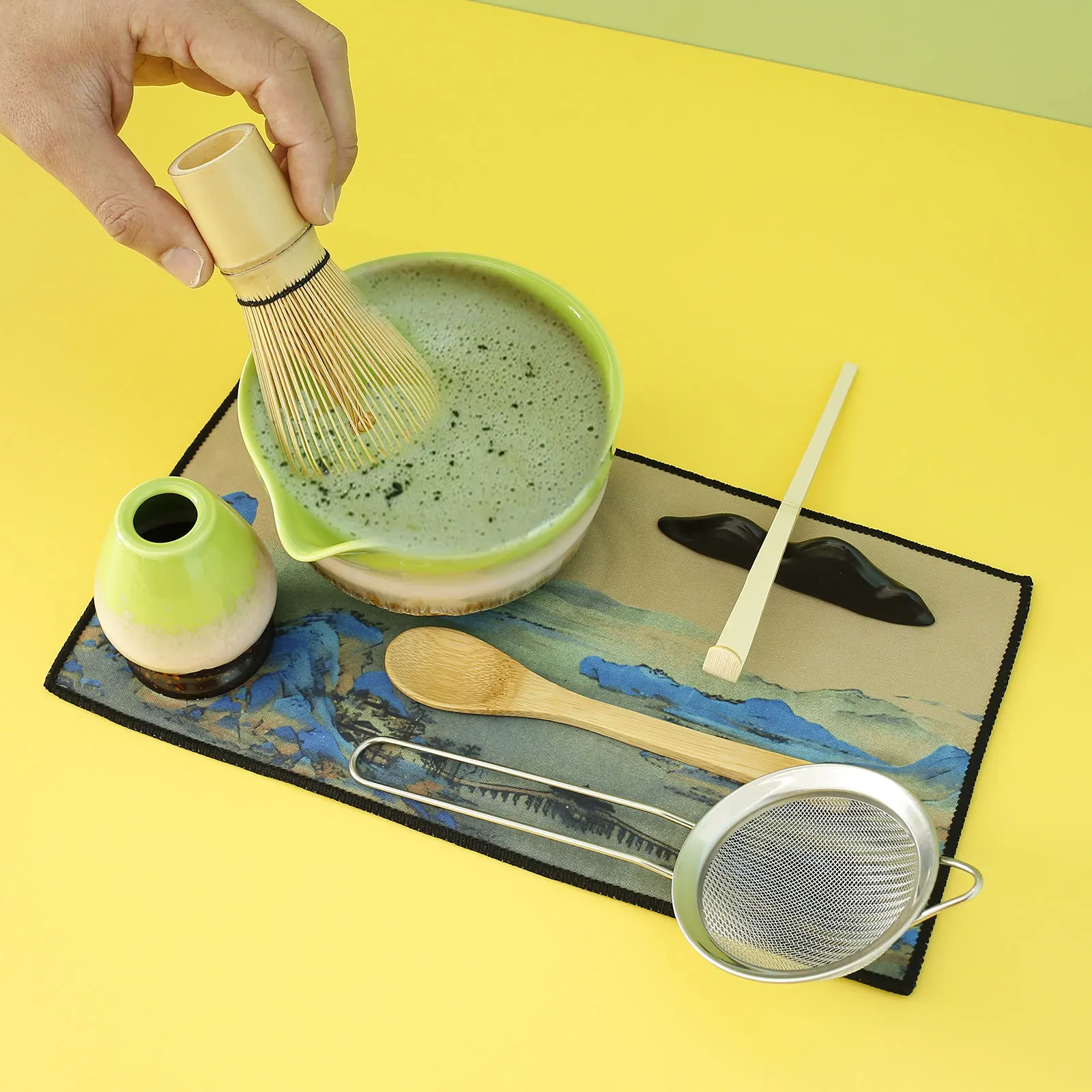 

Japanese Matcha Teaset Kit Spout Design Ceramic Bowl Bamboo Whisk Strainer Tea Shaker Stand Matcha Making Tools Accessories