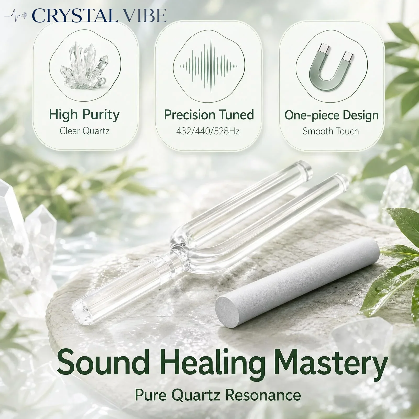 CRYSTAL VIBE One-piece Design Quartz Crystal Tuning Fork Smooth Touch Resonance Sound Therapy Fork for Stress Relief Sound Bath