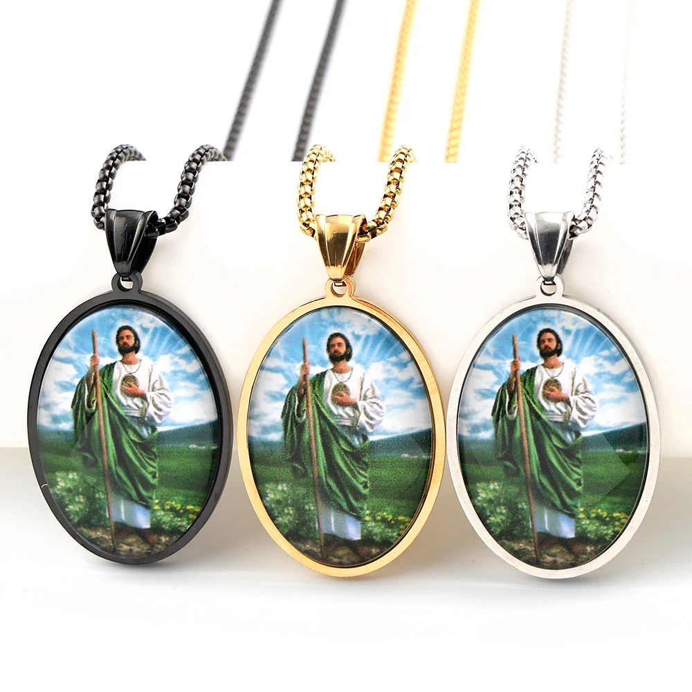 Christian San Judas Tadeo Glas Medaille Anhänger Halskette für Frauen Männer Edelstahl Gold Farbe Saint Jude Amulett Schmuck Geschenk