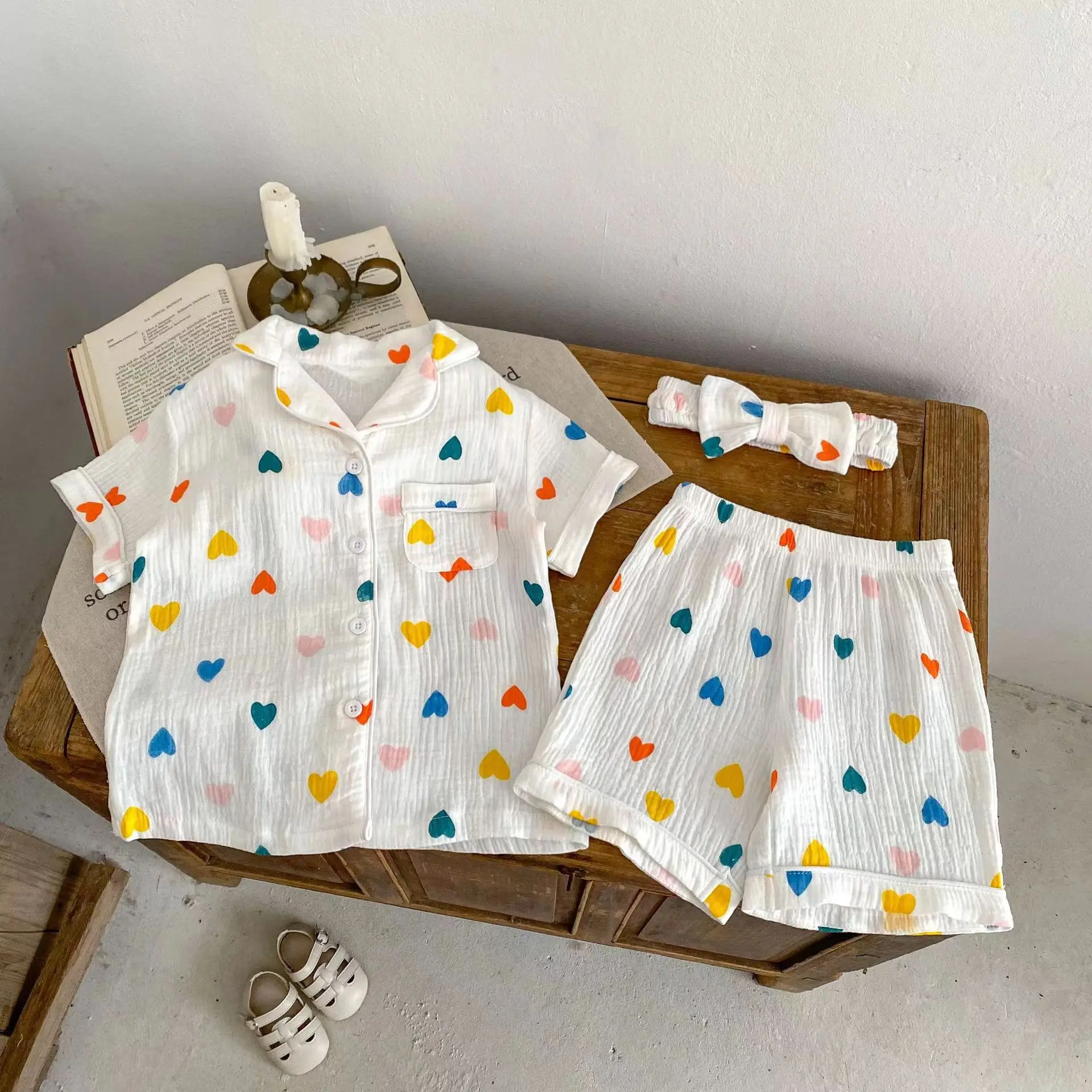 Ensemble trois pièces en coton double face pour parents et enfants, pyjama à manches courtes, bande de sauna, amour, mère, fille, été, 2024