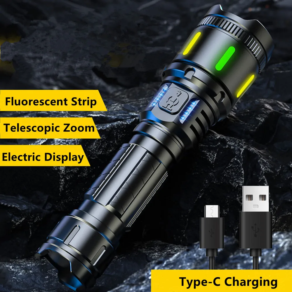 Strong Light Spotlight Long Range LED Flashlight With Fluorescent Strip Telescopic Zoom Outdoor Emergency Lighting Lamp