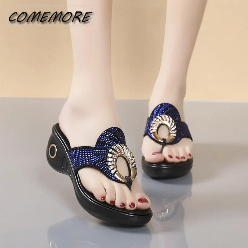 Retro Ladies Slippers Summer New Platform Wedge Rhinestones Flip-flops Sandals Fashion Comfy High Thick Heel Slippers for Women