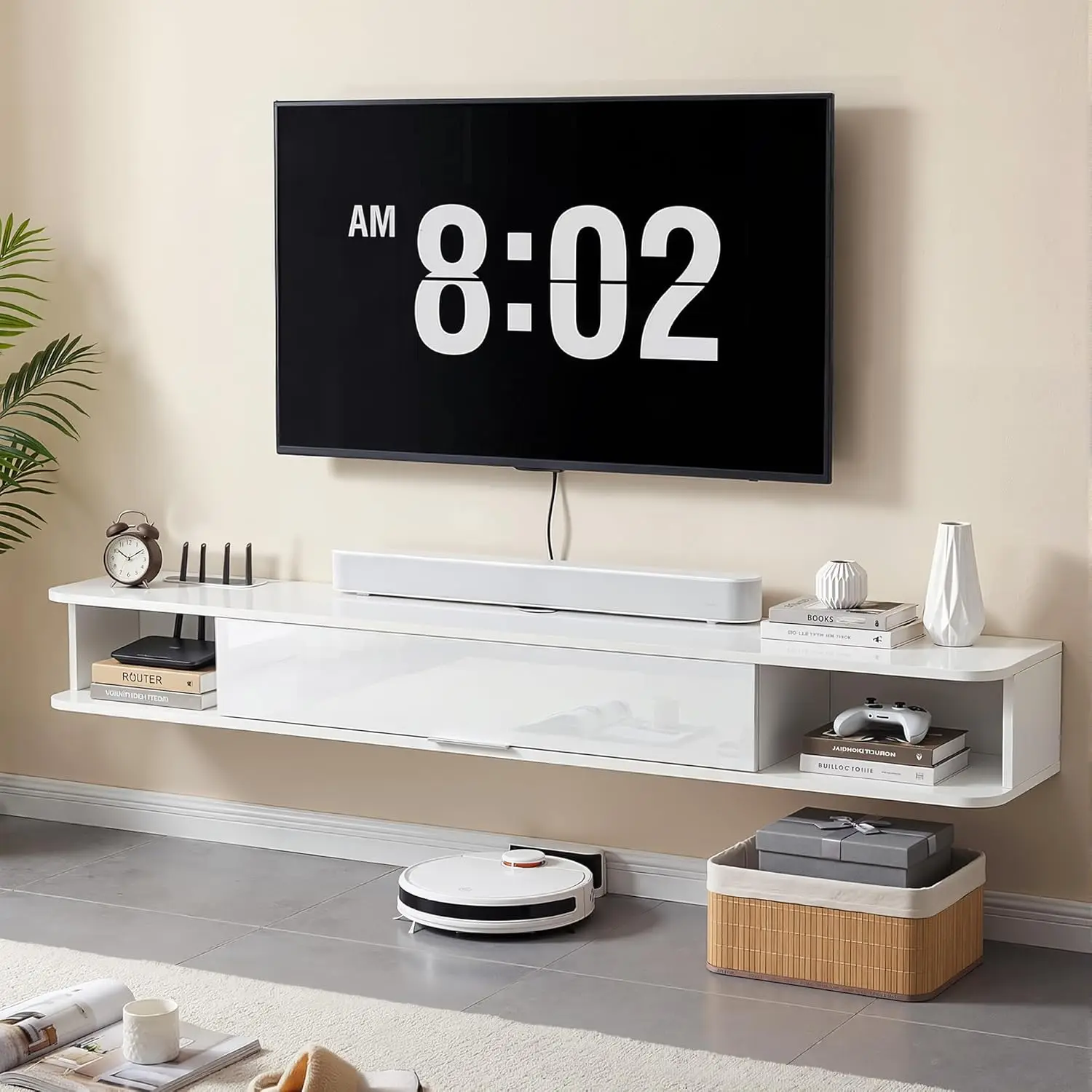 

High Gloss Floating TV Stand for TVs up to 60, 55'' Wall Mounted TV Stand Floating Entertainment Center Under TV, Customized