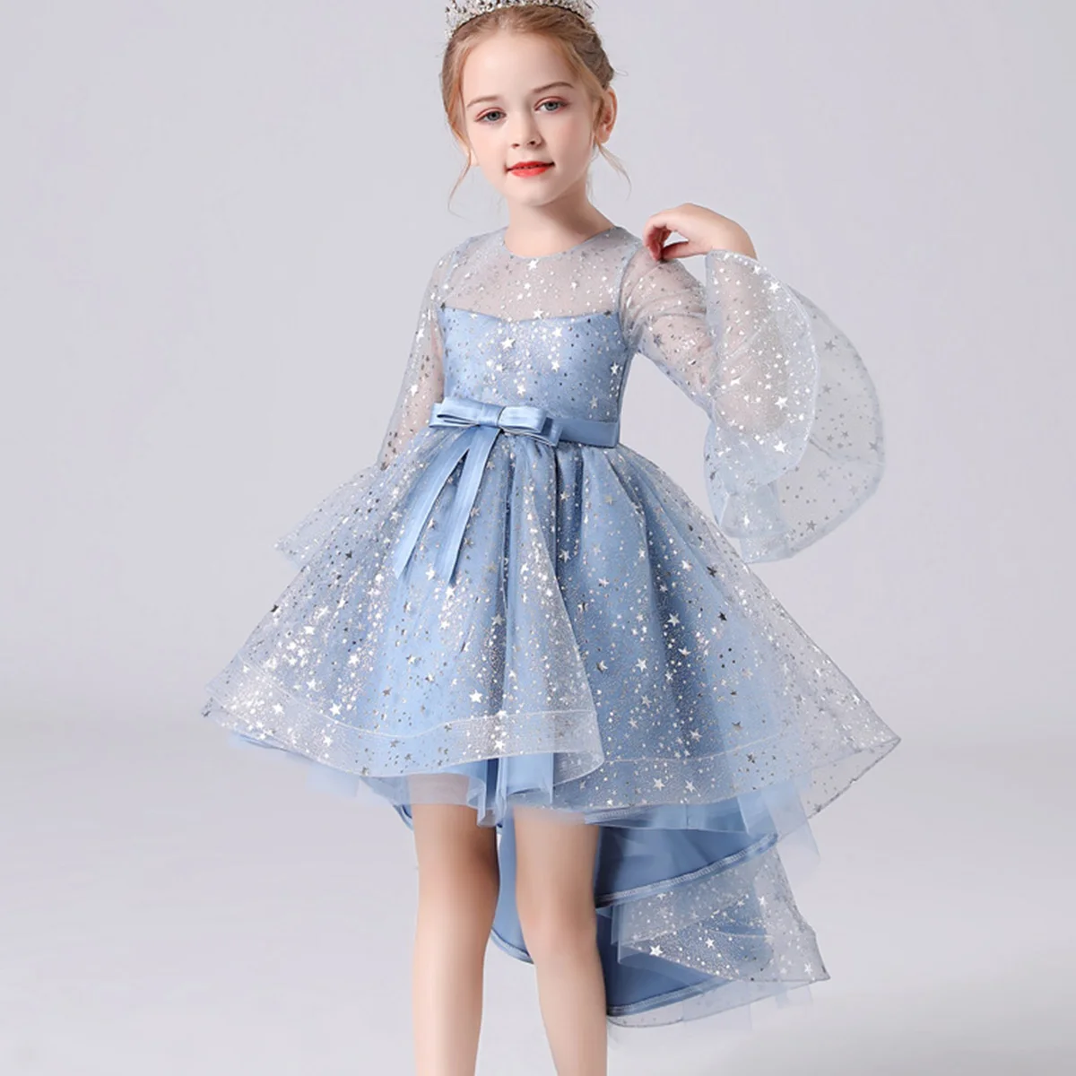 hibobi Kids Girls Bowknot Star Mesh Catwalk Trailing Dress