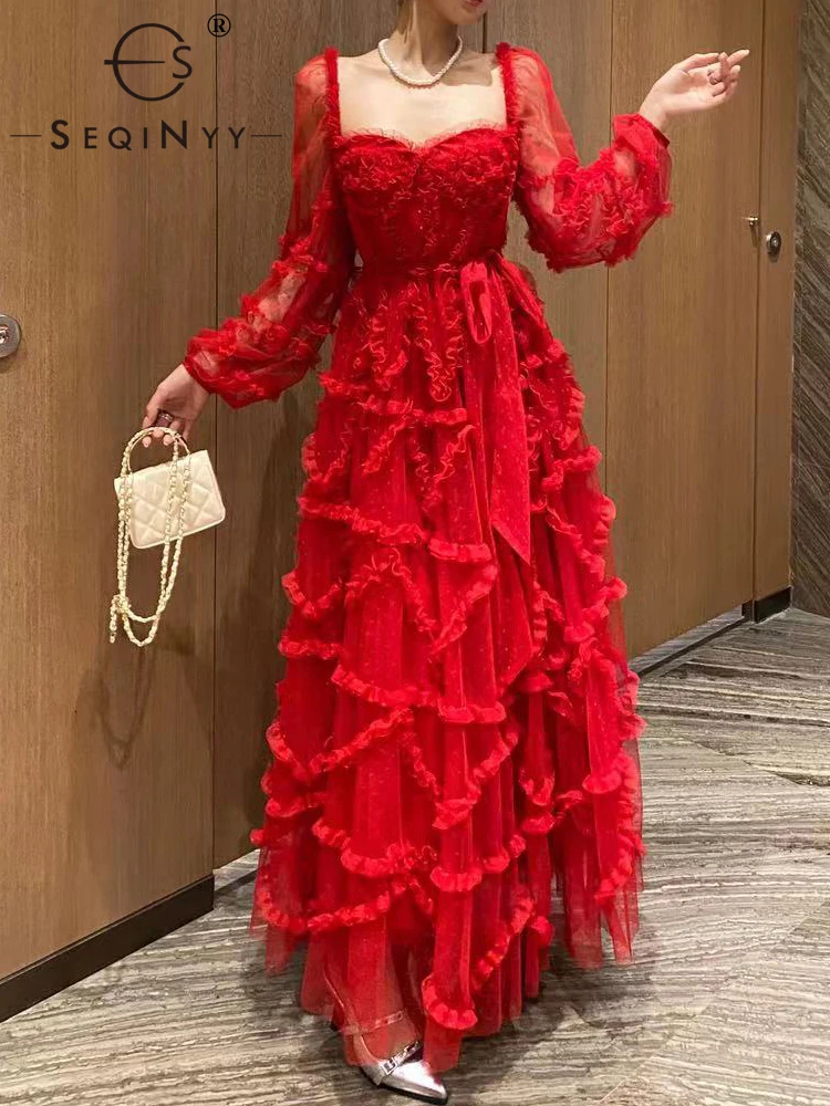 

SEQINYY Elegant Party Dress Summer Spring New Fashion Design Women Runway High Street Ruffles Vintage Dot Mesh A-Line Sexy Midi