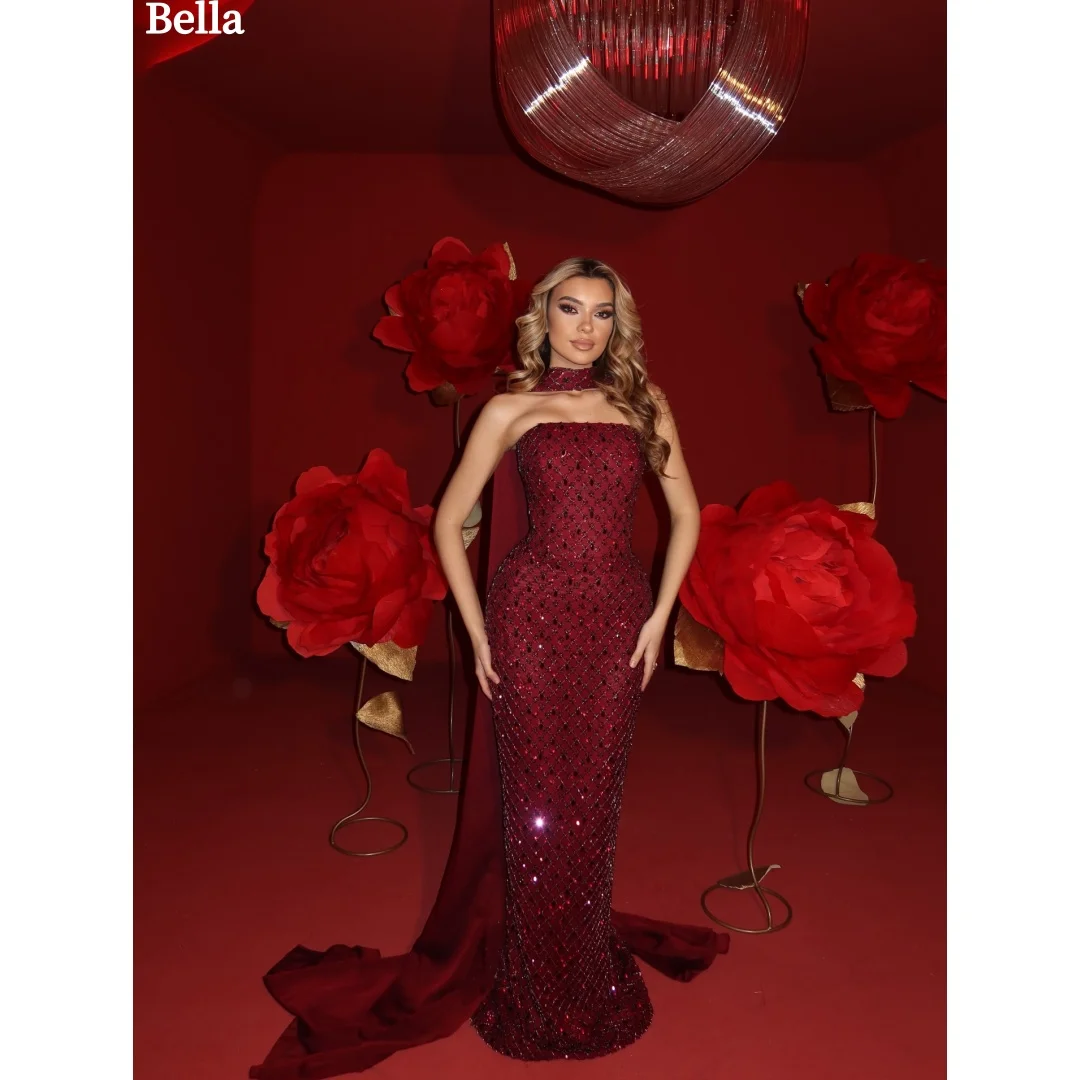 Vestidos de Noche Rojos Personalizados Bella con Lentejuelas, Elegantes Vestidos de Sirena sin Tirantes, con Capa y Choker, Brillantes, Formales, para Eventos Nocturnos 2026