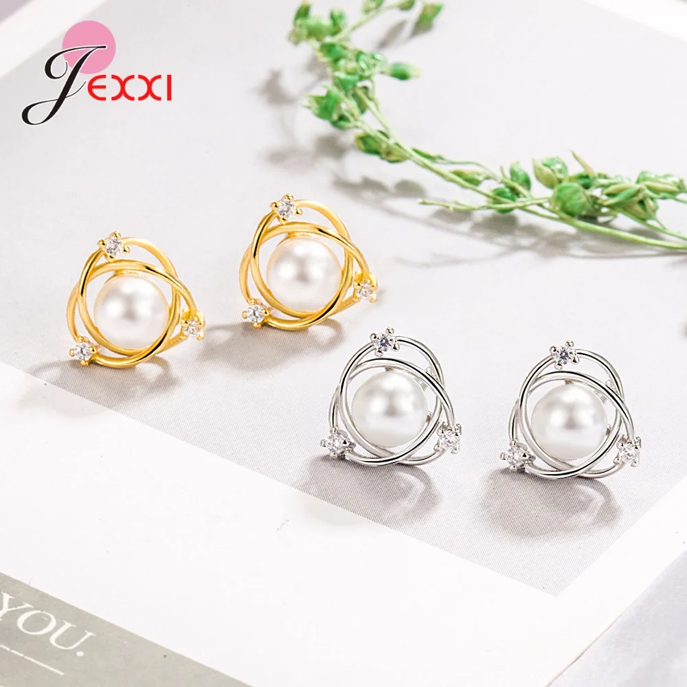 Original 925 Sterling Silver Color  Shine Pearl Surround Earrings For Women Lady Female Anti-Allergy