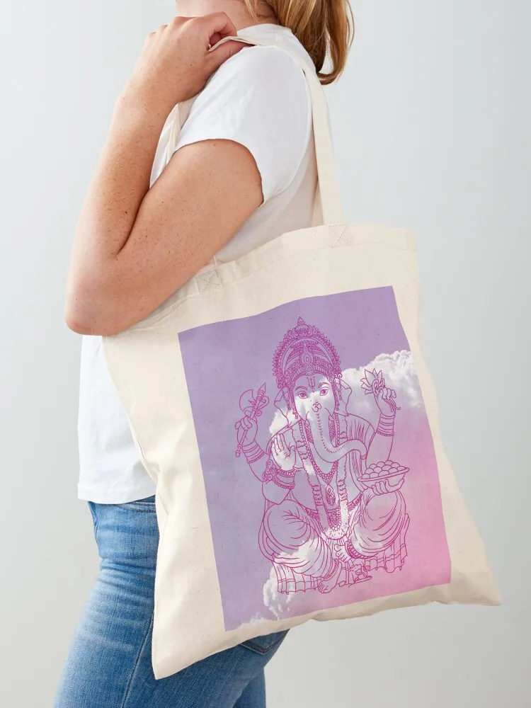 

Hindu god ganesha elephant line drawing vector illustration, color, asian spiritual symbol, oriental wisdom, yoga, om, Tote Bag