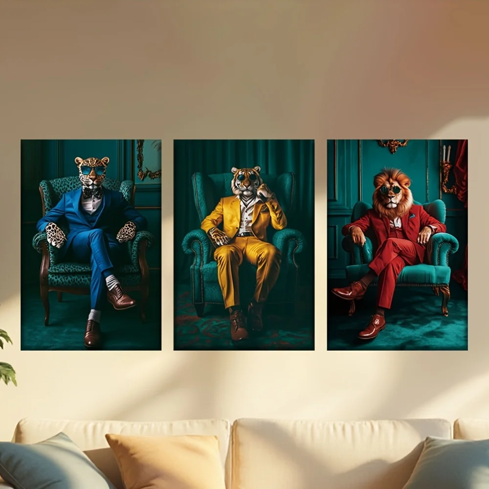 [2D plat] ensemble de 3 pièces d'empreintes artistiques sur toile sans cadre-costume élégant léopard, tigre et Lion sibérien-décoration murale de Portrait classique pour