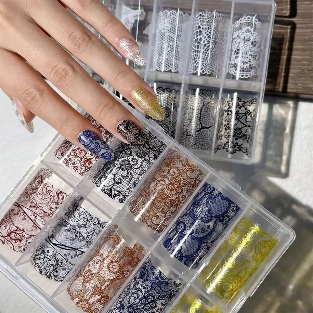 10Rolls/Box Vintage Lace Nail Art Transfer Foil Sticker Retro Lace Design Nail Foil Stickers Easy Transfer Sticker (4*50cm/roll)