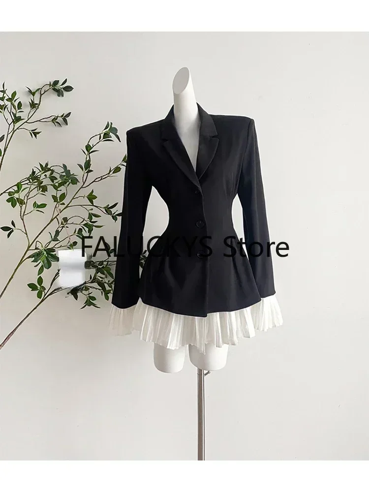 Women Formal Blazer Lapel Collar Autumn Winter Office Lady Korean Patchwork Contrast Color Outerwear Single Breasted Suit Jacket