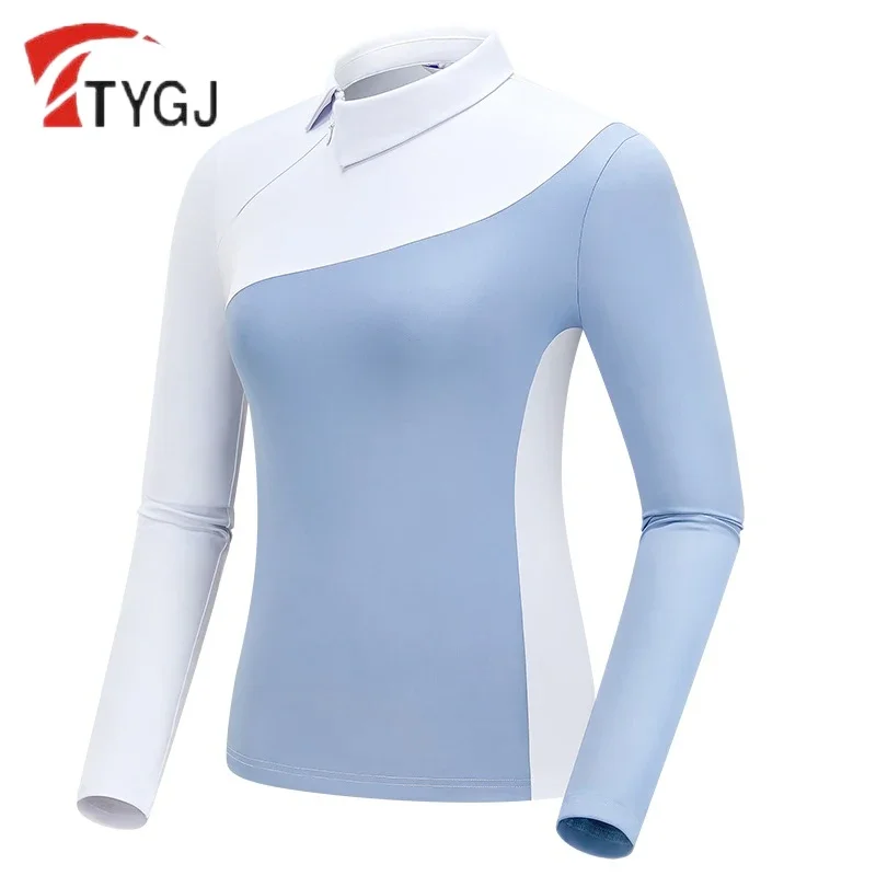 TTYGJ Female Retro Stand Collar Golf T-Shirts Ladies Patchwork Soft Casual Golf Shirts Long Sleeve Outdoor Training Tops