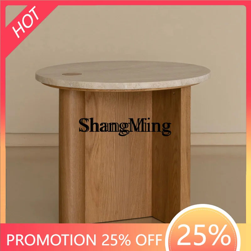 

CL wood natural travertine round coffee table modern simple living room household small stone tea table