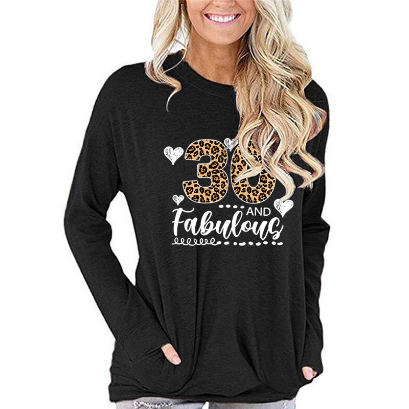 Women's Long Sleeve T-shirt 30 and Fabulous Leopard Print Classic T-shirts Retro 30th Birthday Fall Long Sleeves Gifts for Women