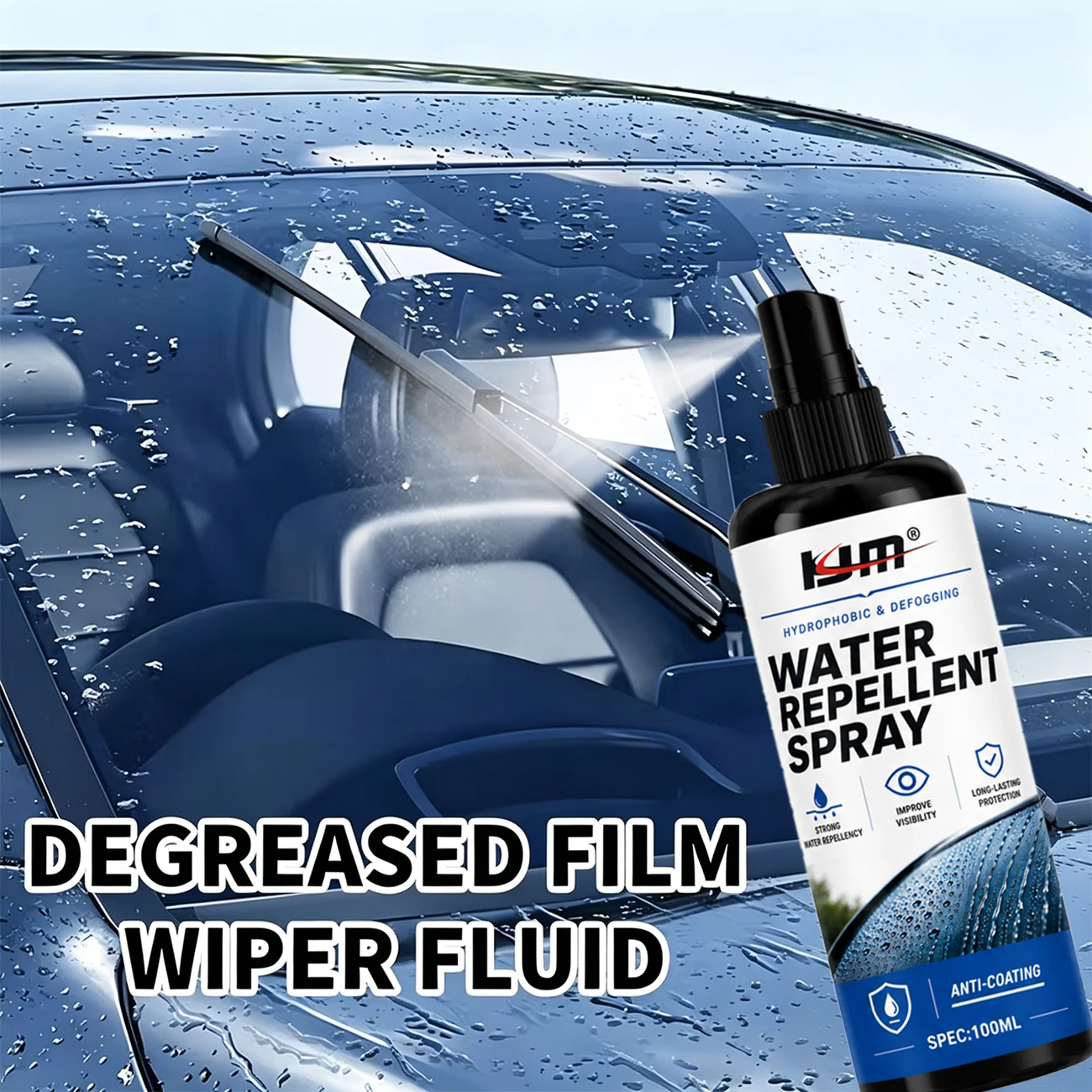 KJM 100ml Car Glass Water Repellent Spray, Anti-Fog and Rainproof Treatment for Windshields, Improves Driving Visibility