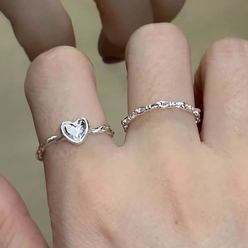 Simple Love Heart Chain Ring for Women Silver Color Opening Adjustable Ring Engagement Wedding Jewelry Fashion Girlfriend Gifts