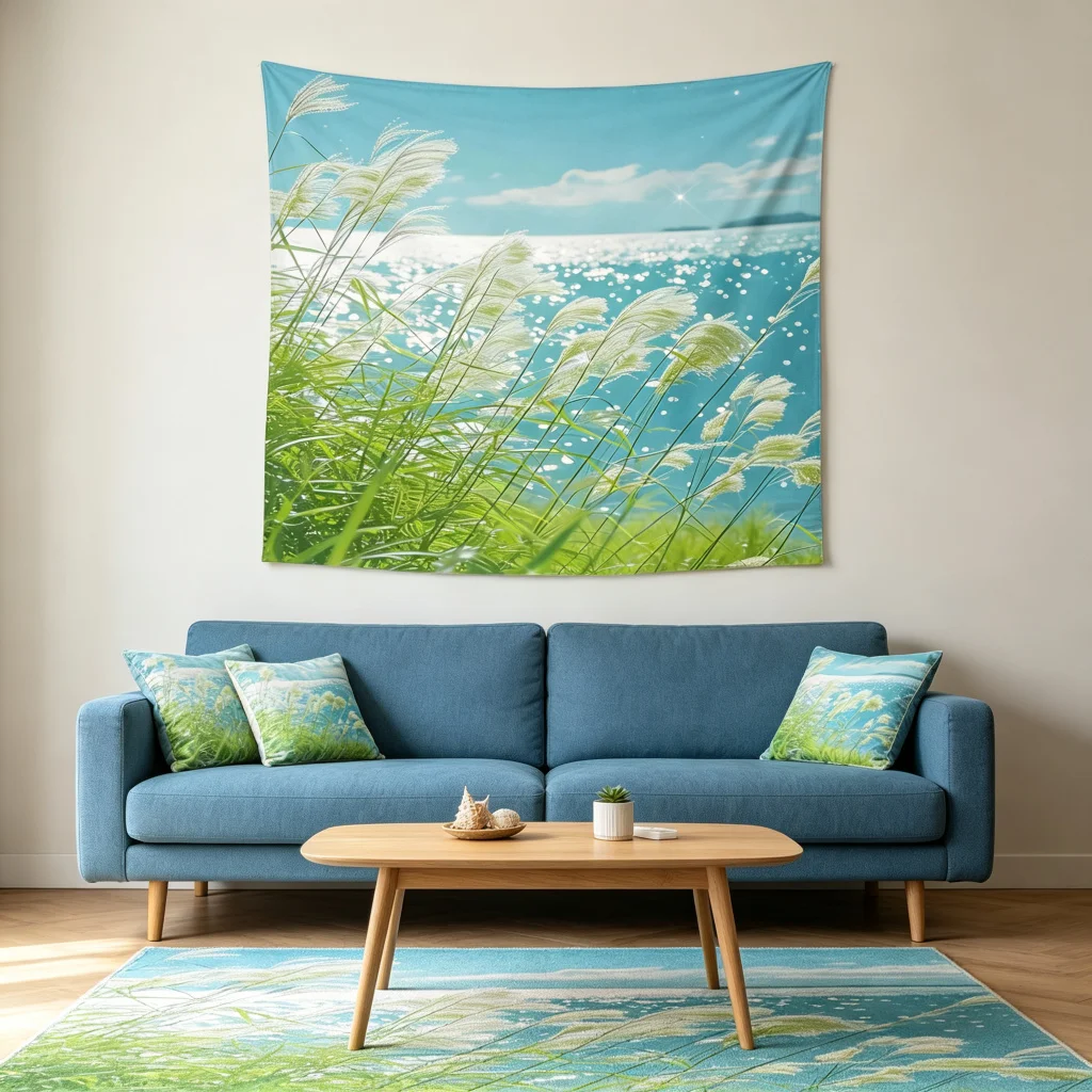 1PC Seaside Reed Grass Art Print Backdrop Banner, Bedroom Living Room Photo Background, Polyester, Home Decor, Wall Art