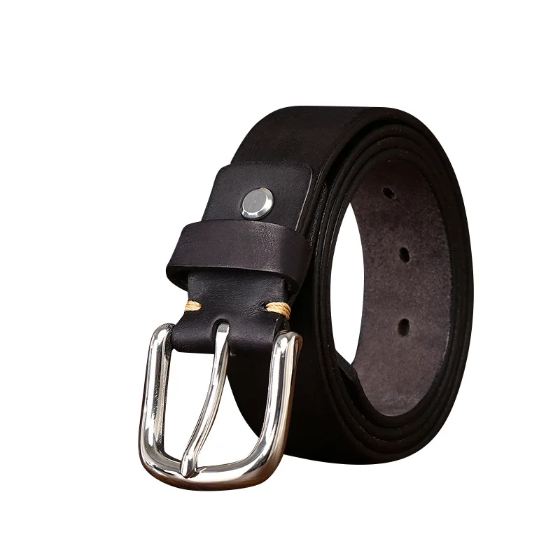 幅33cmのレトロなトップグレイン牛革ベルト（メンズ）、ステンレススチールバックル、カジュアルピンバックルジーンズベルト