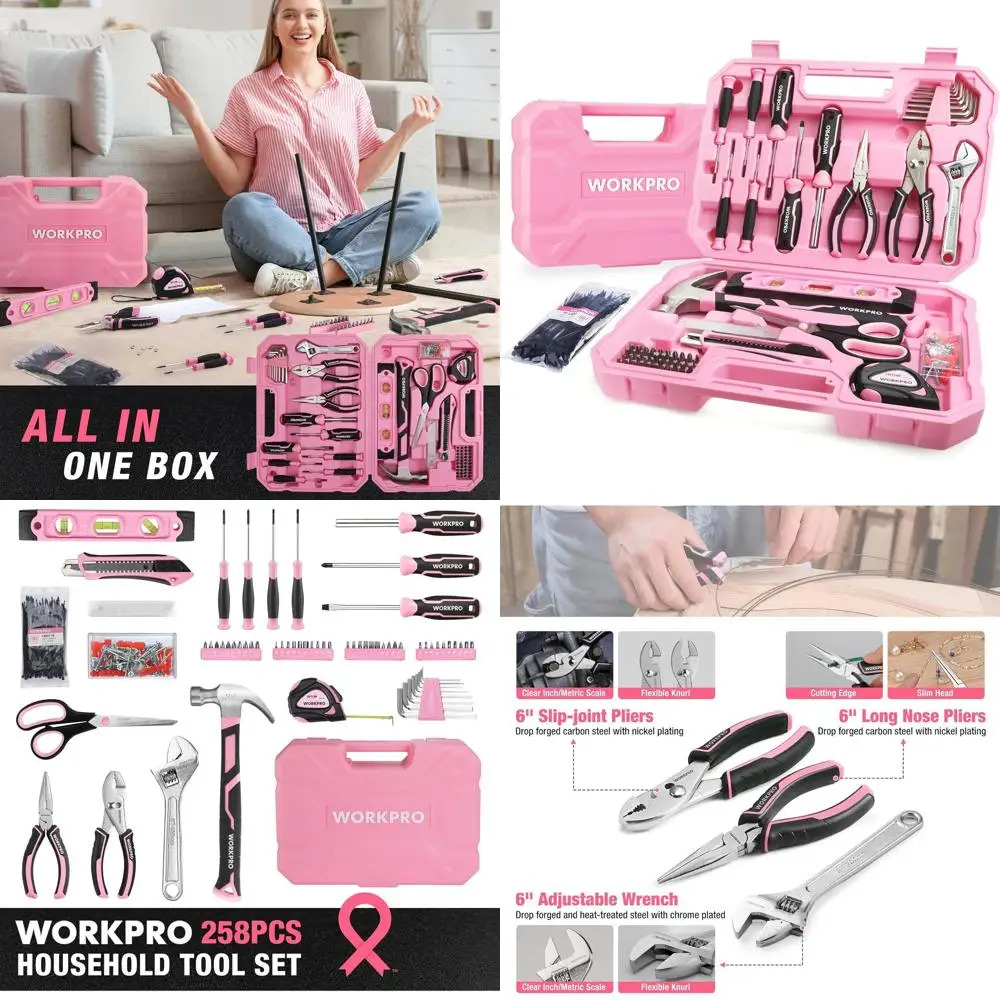 

Набор инструментов для женщин, 258 предметов, розовый: незаменимый комплект для ремонта дома с молотком и отвертками для проектов DIY
