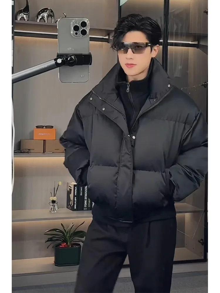 

Men's Faionable Pure Color Thiened Cotton Jaet Stand Collar Warm Outerwear Zipper Decoration Long Sve Casual Coat