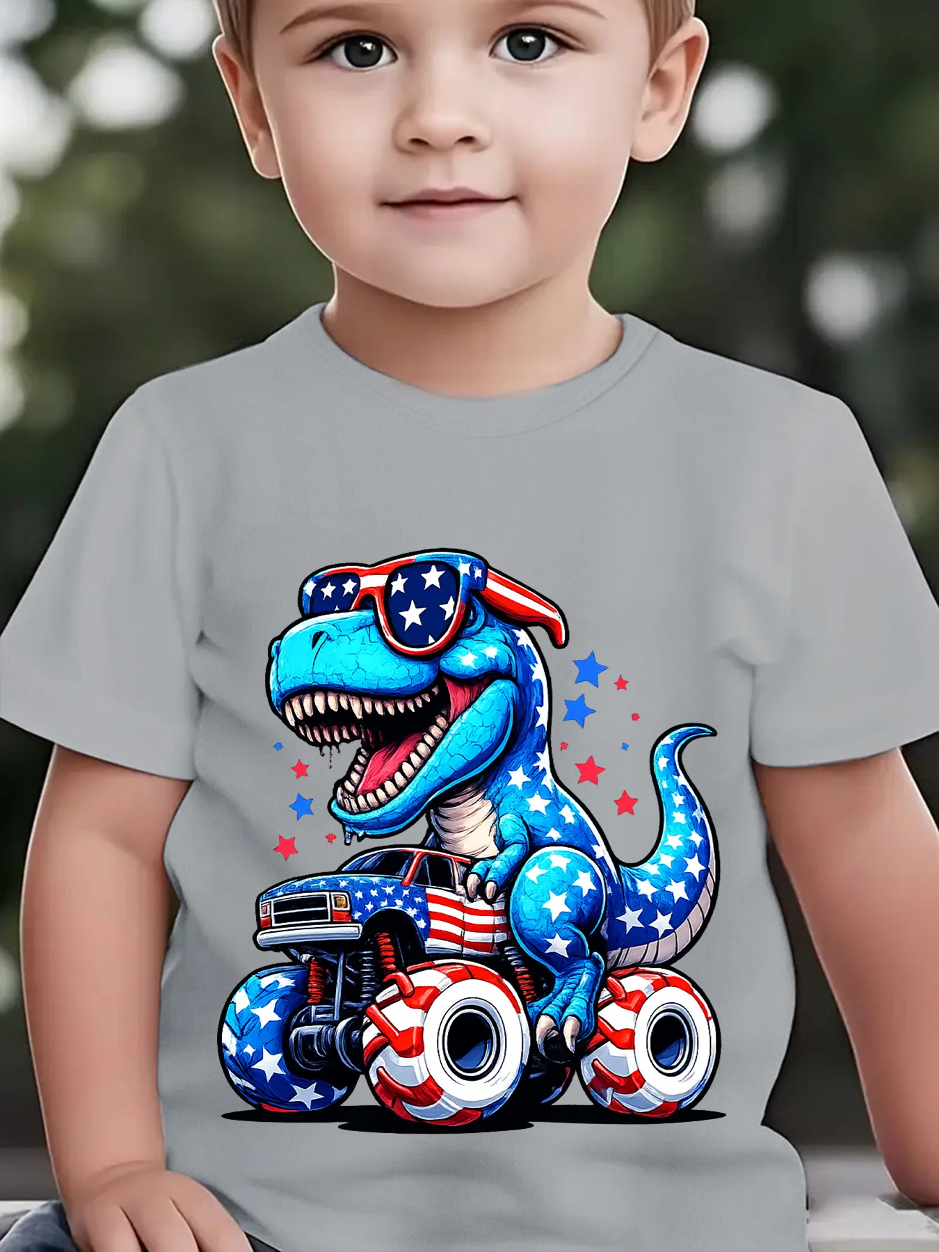 Boys Short Sleeve T-Shirt, T-Rex Off-Road Truck Print Crew Neck Soft Breathable Casual Summer Outdoor Daily Wear Kids Top