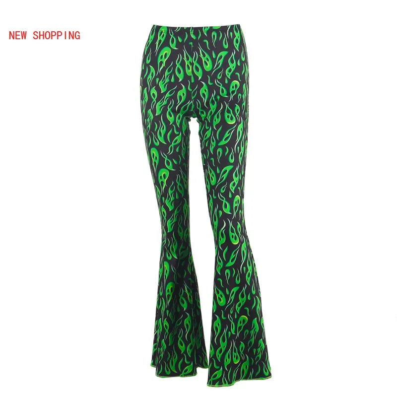 Harajuku Green Fire Print Flare Pants Emo Drunk Style High Waist Bell Bottom Sexy Women Streetwear Y2K Punk Trousers Winter Fall