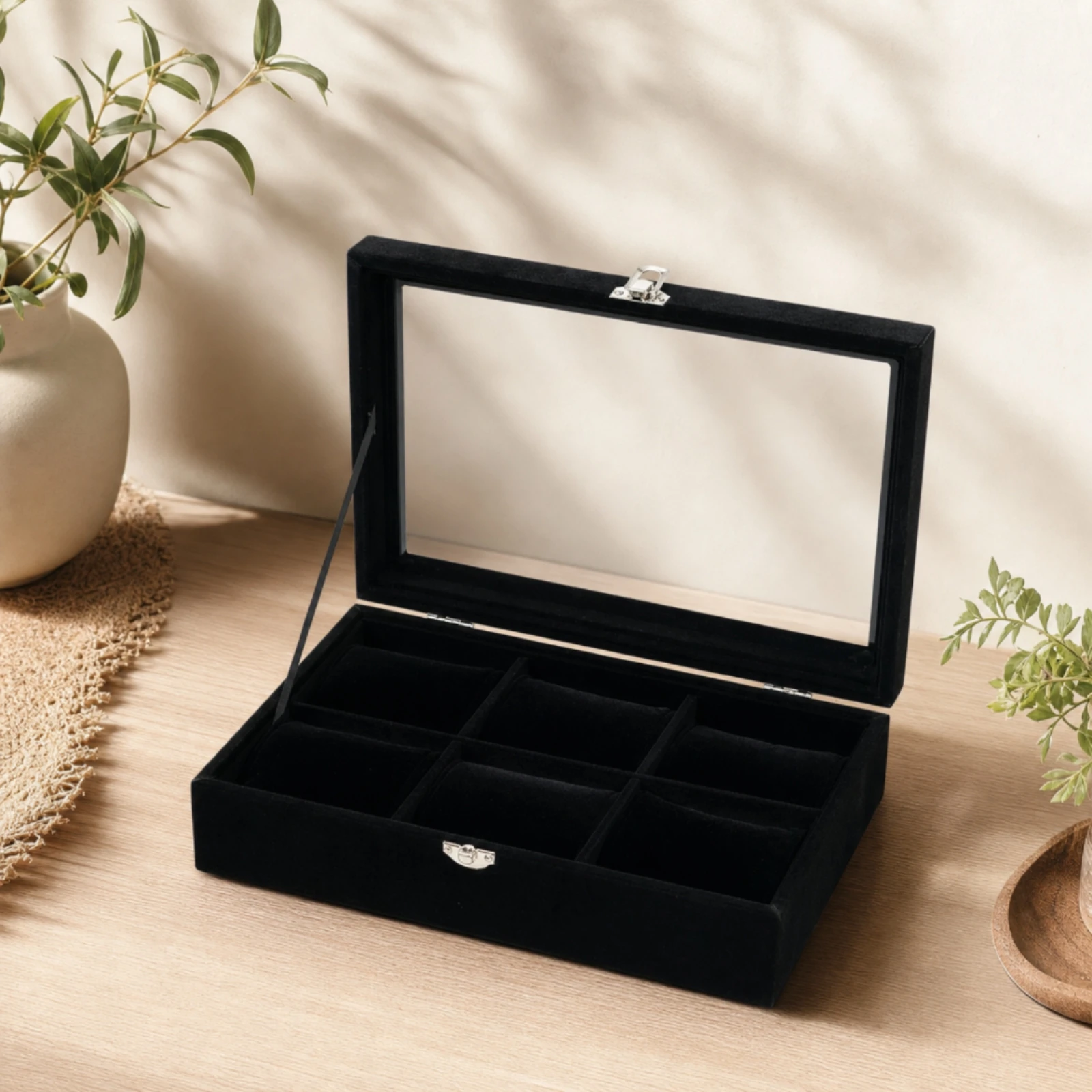 Watch Storage Box with Clear Lid Compact 6-Slot Watch Organizer Safeguarding Slimline for Men, Dresser, Nightstand