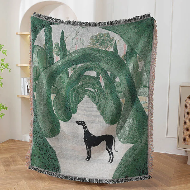 Bohemian Vintage Green Forest Greyhound Tapestry Blanket Woven Throw Tassels Abstract Landscape Sofa Cover Bedspread Home Decor