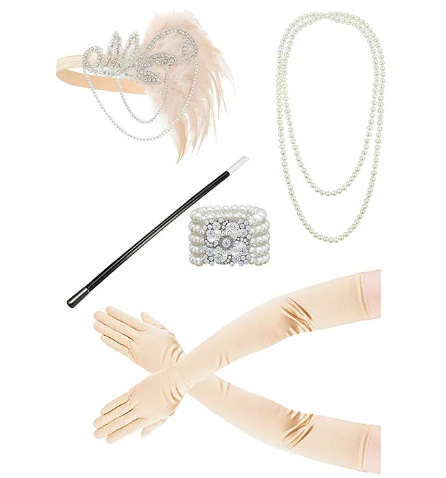 Accessoires de robe évasée pour mariage, accessoires de fête rétro, bande de plumes blanches, bandeau LESTON, collier de perles, manipulé Gatsby, années 1920