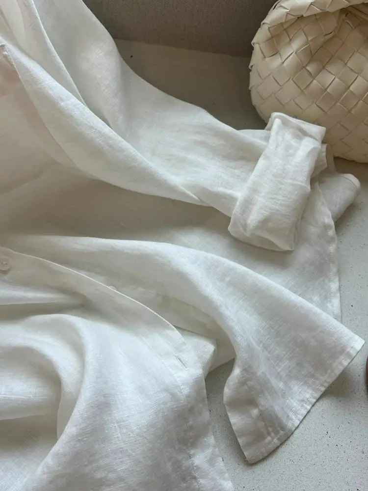 موصى به! قميص نسائي كاجوال من الحرير والكتان بياقة، أبيض اللون، تصميم ربيعي جديد على الطراز الكوري، قصة مستقيمة بأكمام طويلة