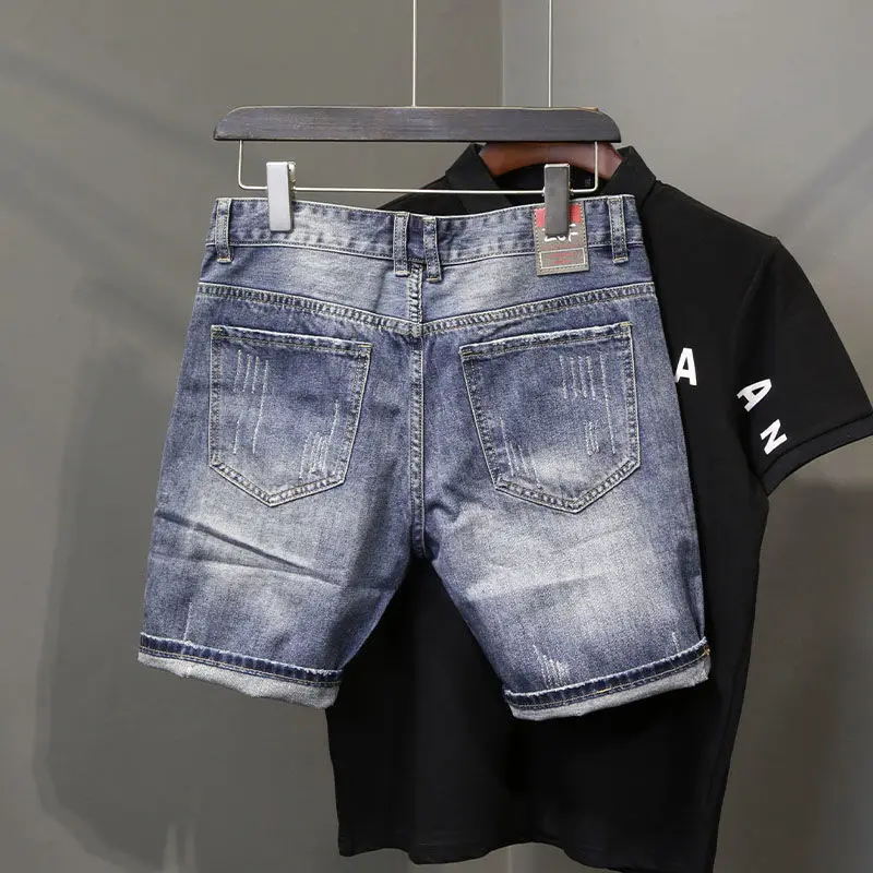 New Summer Luxury Clothing Denim Casual Short Jean Men Shorts Knee Length Washed Printed Fashion Korean Punk Trendy Cowboy Pants