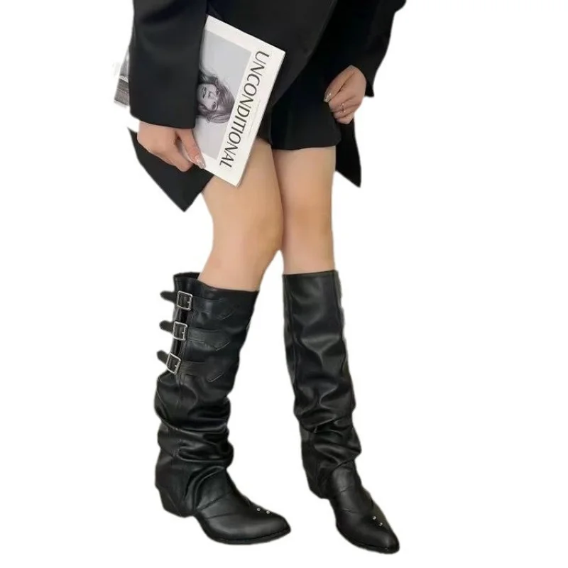 2025 جديد النمط الأوروبي والأمريكي الأحذية النسائية اتجاهين ارتداء أحذية رعاة البقر الغربية التجاعيد كومة أنبوب طويل أحذية ركوب الخيل #5