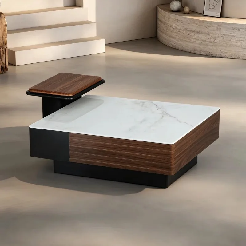 Modern multifunctional coffee table with double drawers, PVC wood grain finish, microcrystalline stone countertop