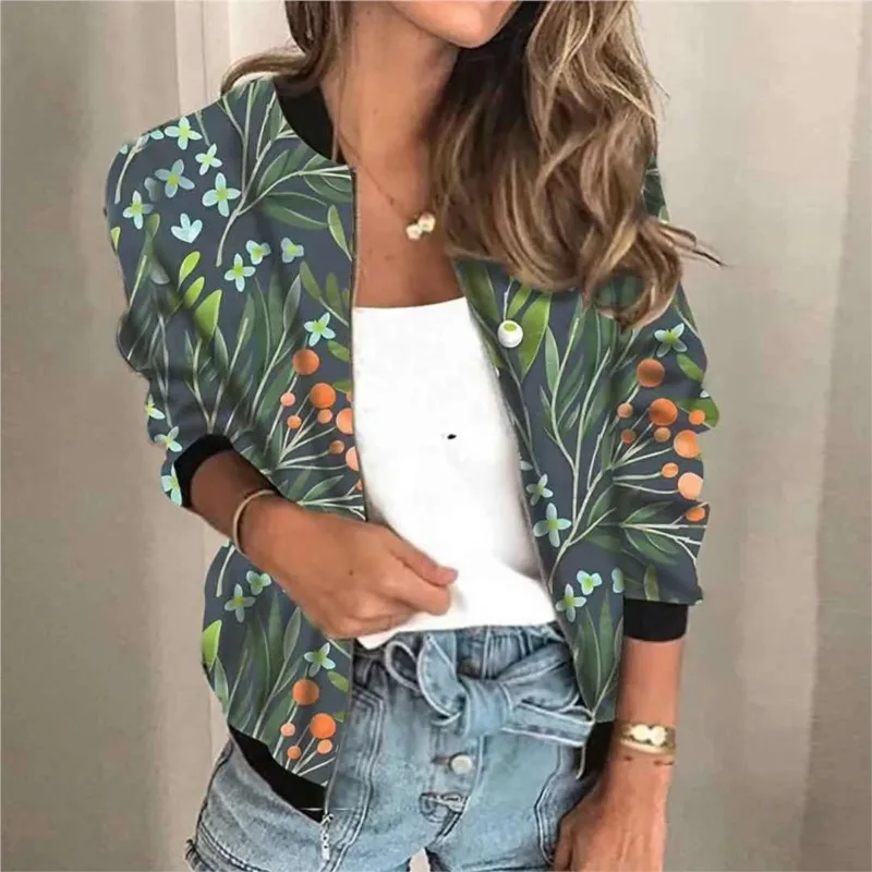 Vintage Floral Print Female Casual Coat Autumn New Fashion Zipper Women's Elegant Jacket Outerwear Female Casual Streetwear Coat