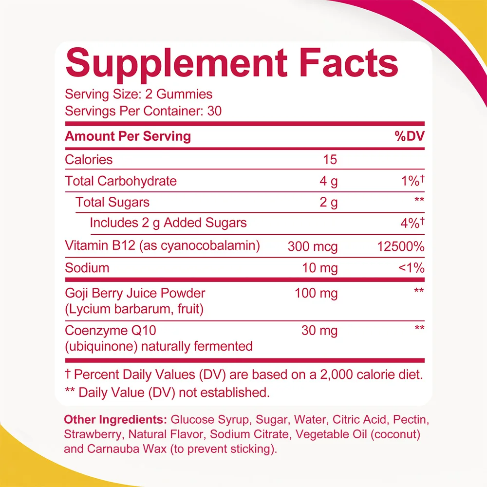Daily Energy Gummies - Caffeine Free, with Vitamin B12, CoQ10, Goji Berry, Support Verall Health - 30/60 Count