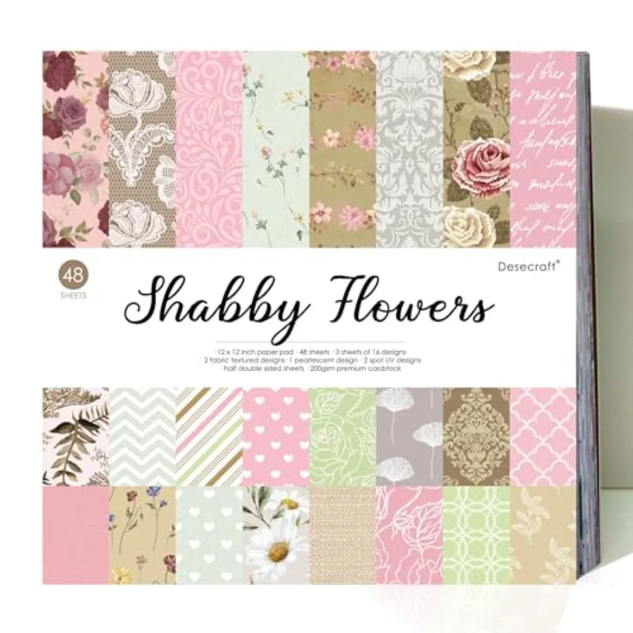 

48 sheets Scrapbooking Cardstock Decorative Paper Pack - Shabby flower - for Card Making Journaling Planner Origami Scrapbook P