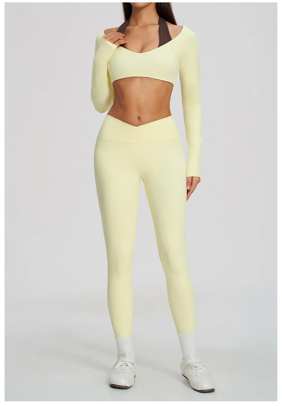 Yoga-Set 2-teilig, Fitnessbekleidung, Trainingsanzug, Lauf-Sportbekleidung, Outfit, hochtailliert, weites Bein, langärmeliges Crop-Top – Detail 14