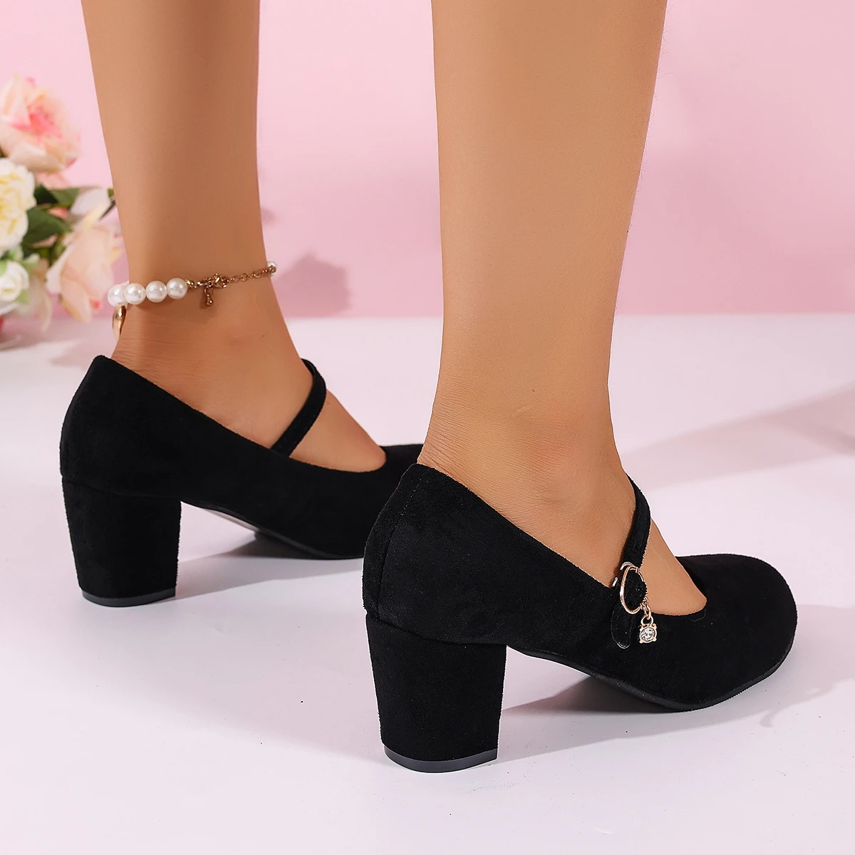 Damen High Heels Mary Jane Schuhe mit Riemen Schwarz Party Hochzeit Büroschuhe Elegante Bequeme Große Größen Pumps – Detail 6