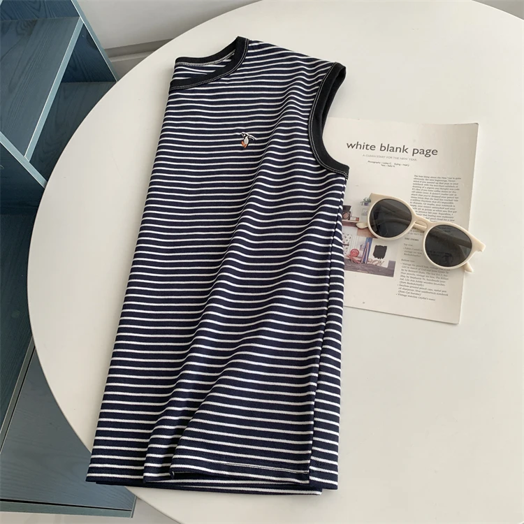 Retro Blue Penguin Embroidery Svel Striped T-irt Lightweight round Ne Summer Top for Women Breathable Cotton Blend