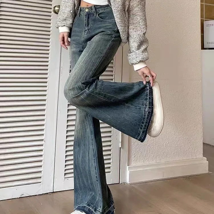 Jeans leggermente svasati retrò per donna Pantaloni in denim con fondo a campana dritto dimagrante a vita alta elastica Pantaloni femminili