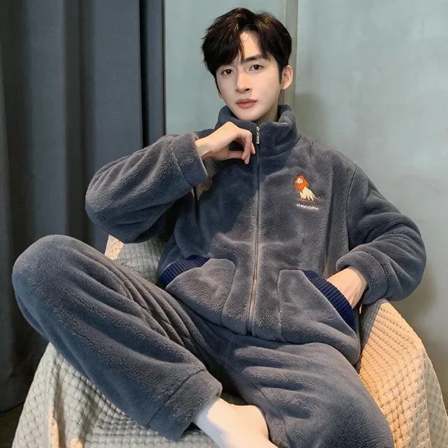 Men's Winter Warm Coral Fleece Pajama Sets Zipper Coat + Long Pants Male Sleepwear 2 Pieces Thick Home Wear Men's Loungewear