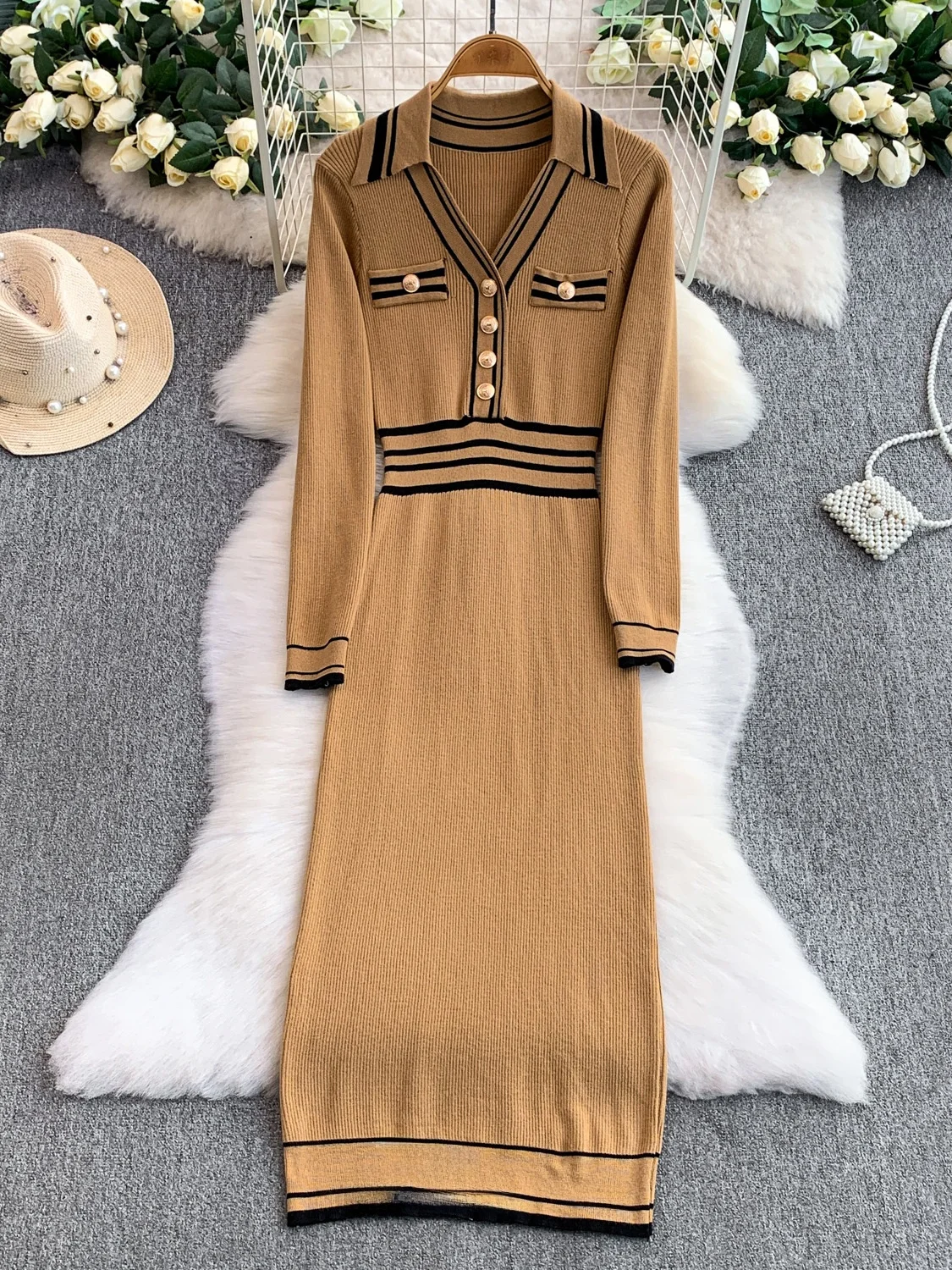 Coreano sle v-ne malha dr feminino outono inverno listrado cintura-concha camada base tubo reto saia faionable