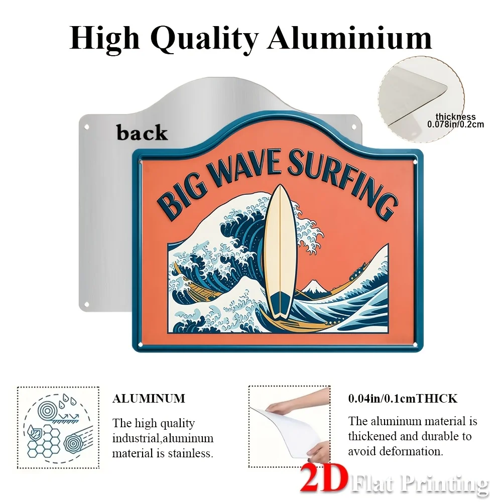 1pc 2D Flat Sign Artwork Showcasing An ' Metal Art' Design Of 'Big Wave Surfing' With Vibrant Waves And A Surfboard, Ideal For